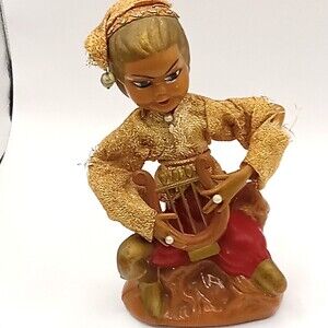 TILSO PIXIE Musician Figurine LYRE Vtg Hong Kong 7 inch Plastic Gold Shirt & Hat